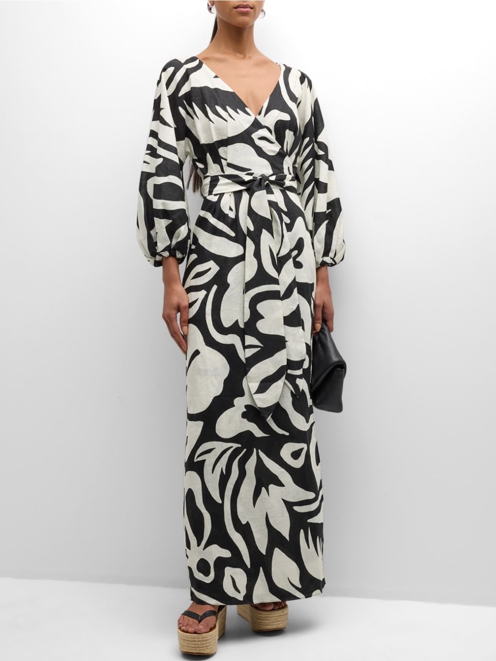 Cala De La Cruz Avila Linen Wrap Maxi Dress in Black & White Size XS